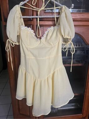 Lucy in the Sky Pale Yellow Daisy-Trim Mini Dress